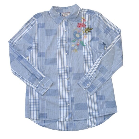 NWT Johnny Was Workshop Zanzibar Shirt in Blue Plaid Embroidered Pearl Snap S - Picture 1 of 8